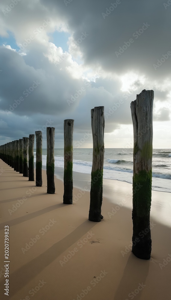 Fototapeta premium Weathered wooden posts stand in a line on a sandy beach leading into the ocean. The cloudy sky casts long shadows from the upright poles onto the wet sand near the gentle waves.