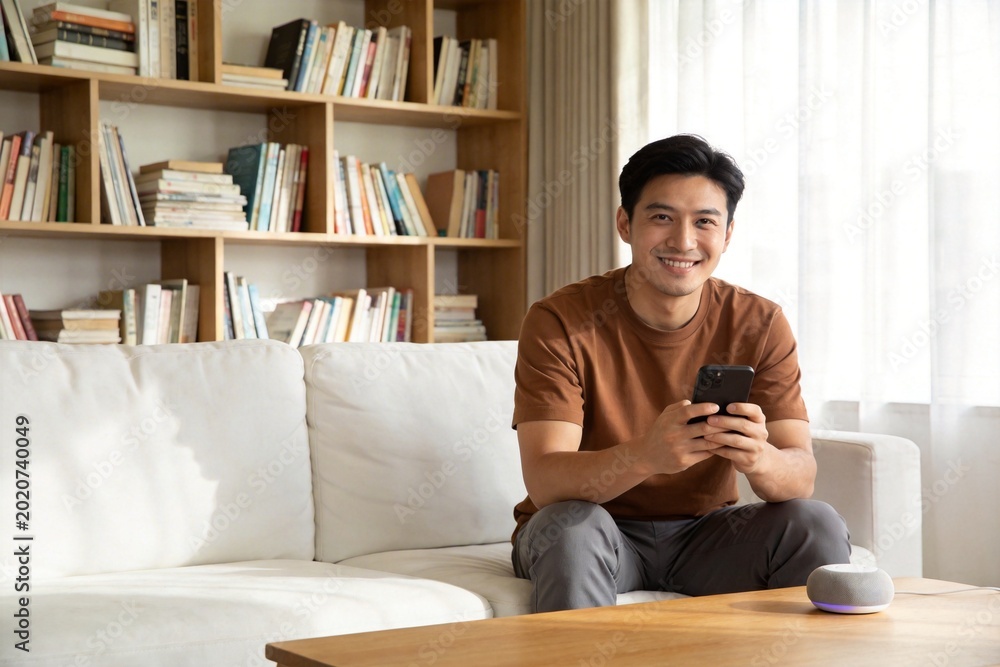 Fototapeta premium Man sitting on couch using smartphone