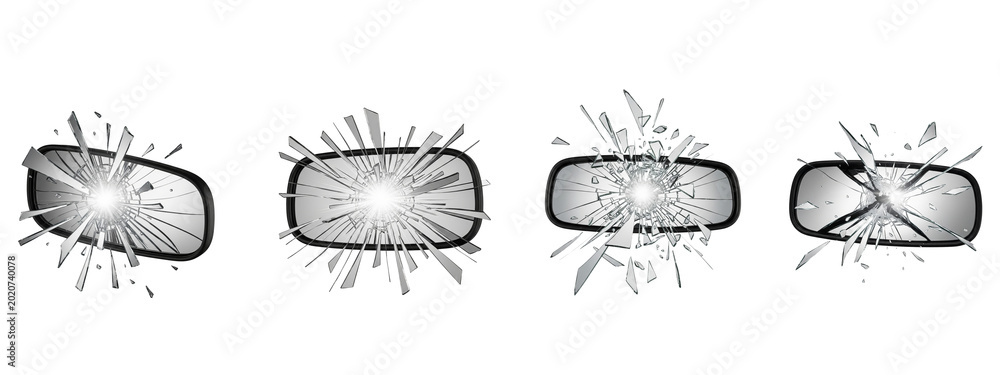 Obraz premium Set of broken car side mirrors with shattered glass isolated on black
