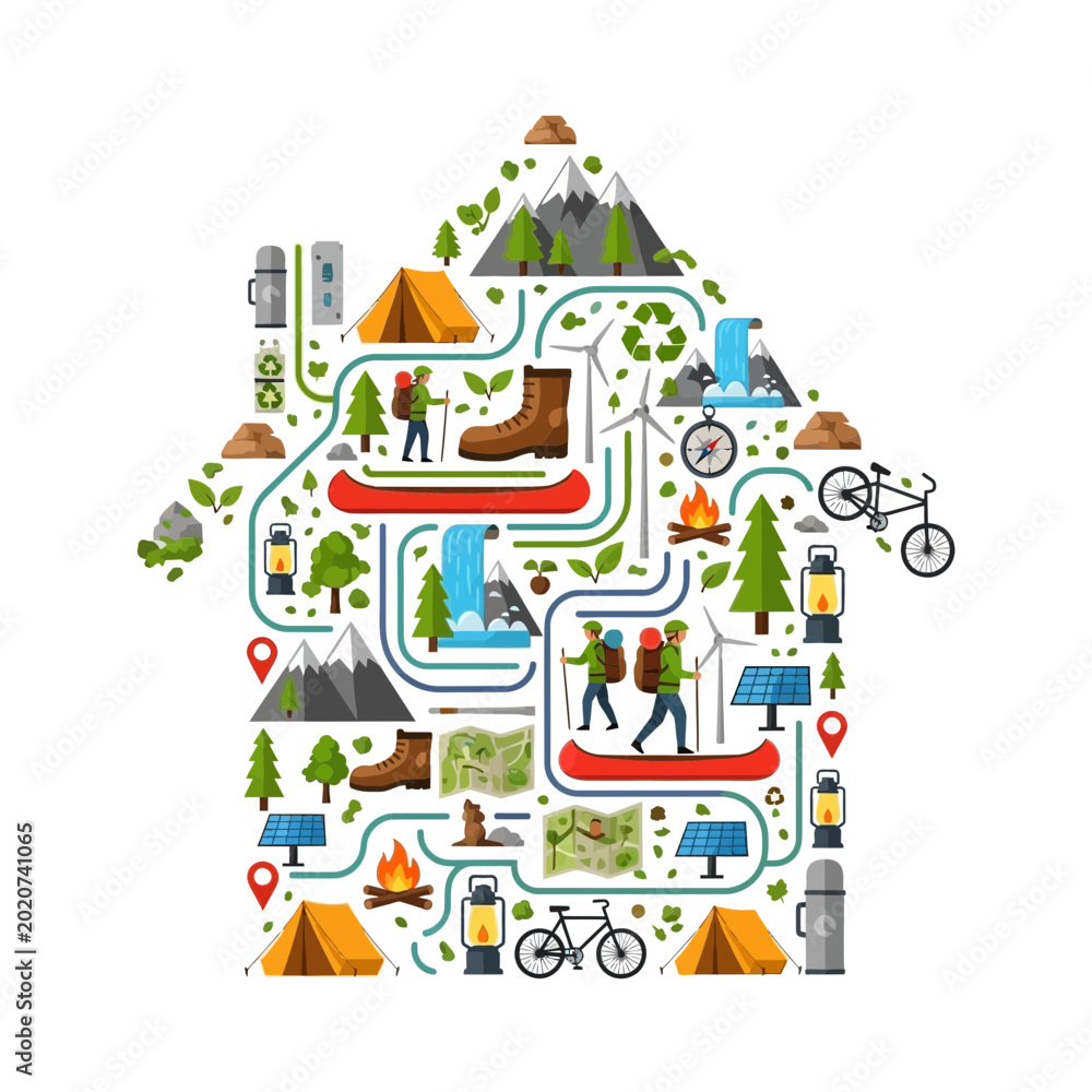 Fototapeta premium Eco-friendly House Shape with Outdoor Adventure Icons