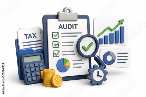 A 3D illustration of a financial audit, showing a checklist, tax documents, charts, a calculator, and coins, representing business accounting, analysis, and financial growth.