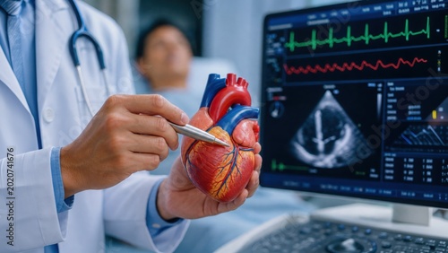 A cardiologist explains a heart condition to a patient using an anatomical model, with an ECG and echocardiogram on a monitor.