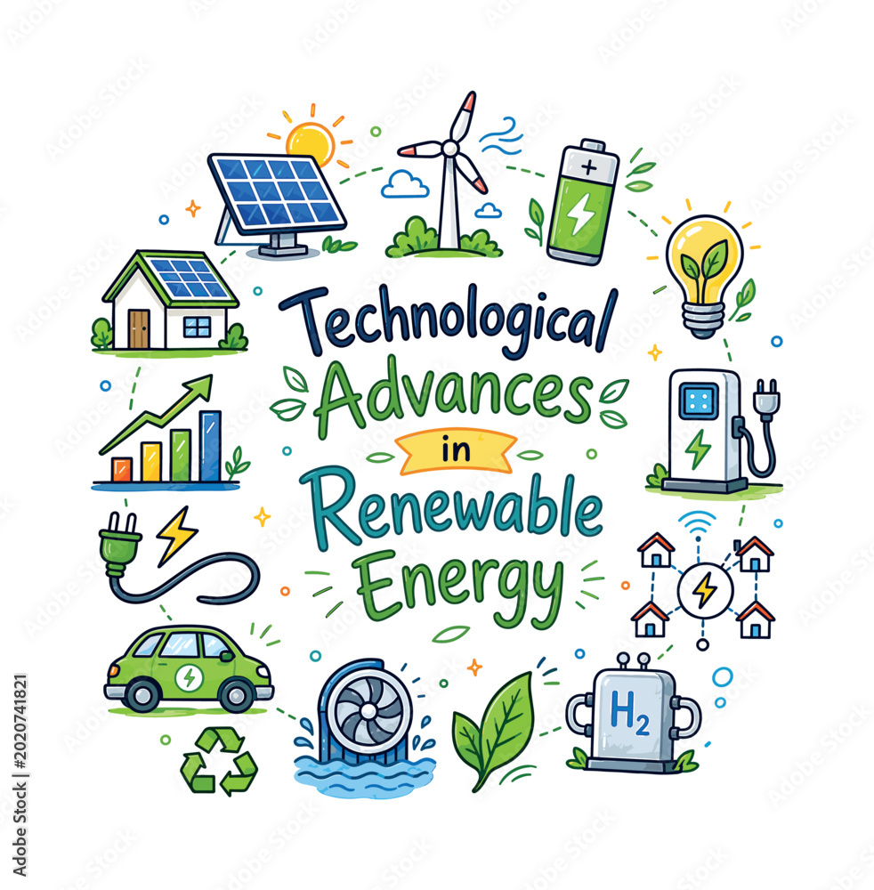 Naklejka premium Technological Advances in Renewable Energy. Hand drawn illustration of Technological Advances in Renewable Energy. solar panel, wind turbine, electric battery, eco light bulb, charging station, smart