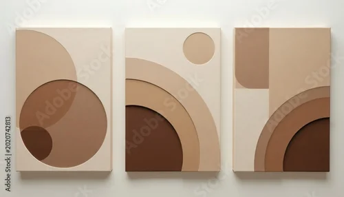 Panel kuchenny z motywem Three minimalist abstract panels feature layered geometric shapes in earthy brown, beige tones. Clean composition with circles squares, arcs creates modern art aesthetic. Textured artwork offers