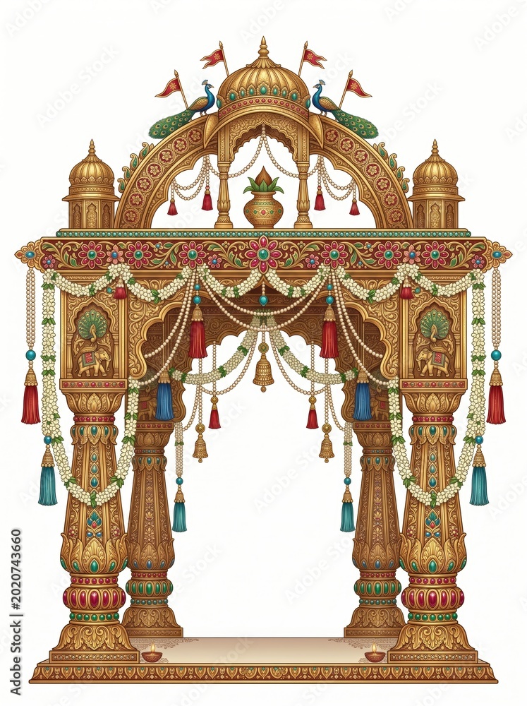 Fototapeta premium Grand Royal Indian Wedding Mandap Pavilion for Traditional Hindu Marriage Ceremony and Cultural Celebration Decor