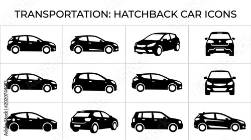 Quadro su tela Set of Black Hatchback Car Icons in Various Views.