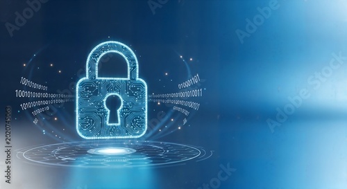 Digital padlock glowing with binary code streams against a dark blue technological background concept for cybersecurity