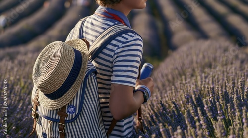 Young Boy Backpacker Exploring Purple Lavender Field in Summer, Youth Travel and Adventure Tourism Concept