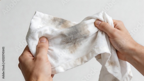 Hands holding a stained white cloth