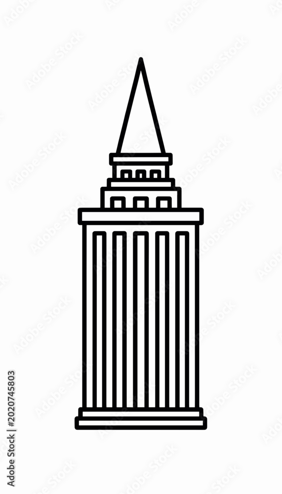 Obraz premium Iconic Skyscraper Building Illustration with Vertical Lines and Pointed Roof