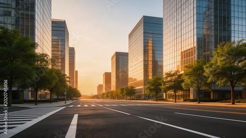 Empty urban street with tall glass buildings