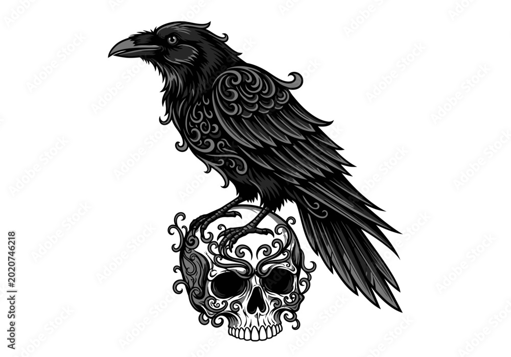 Fototapeta premium Intricate black raven perched on a detailed ornate skull.