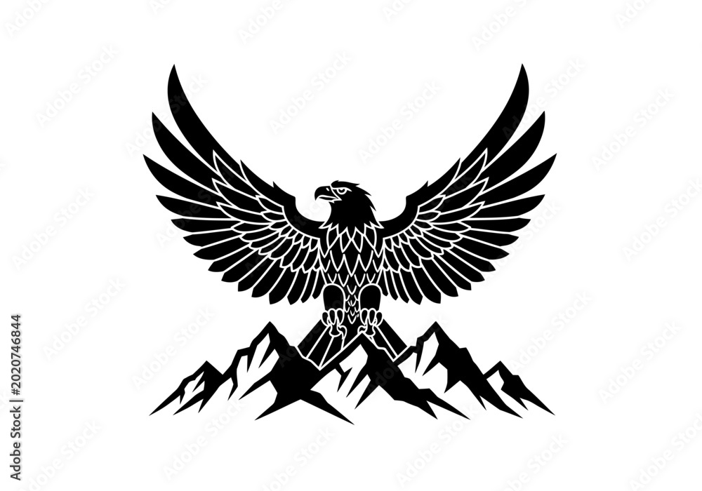 Fototapeta premium Black and white eagle silhouette with wings spread over a mountain range illustration.