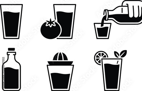 Canvastavla Tomato juice icon set, minimal black style icons with tomato, bottle and drink cup symbols for fresh beverage and nutrition themed graphics