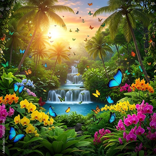 Enchanting Tropical Jungle Waterfall with Vibrant Butterflies and Exotic Flowers at Sunset.