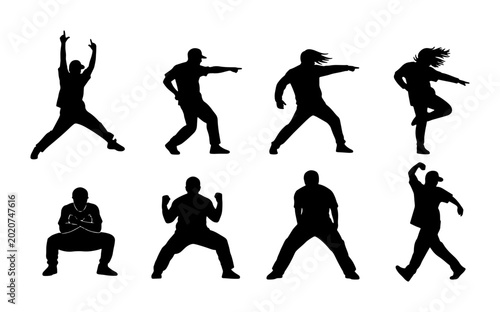 Foto Dynamic Silhouette Dancers, 8 Vector Poses Set: Energetic Hip Hop, Breakdance, S
