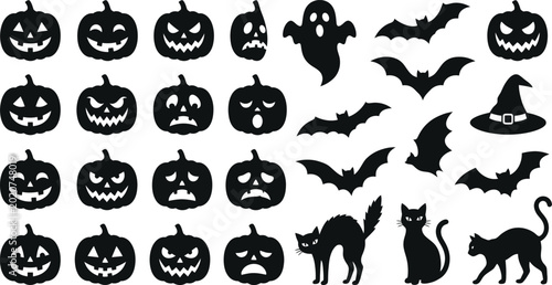 Bild auf Leinwand Collection of halloween icons including pumpkins, ghosts, bats, cats, and witch