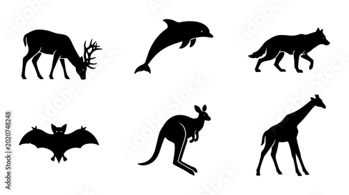 Photography Diverse Animal Silhouettes Collection: Deer, Dolphin, Wolf, Bat, Kangaroo, Giraf