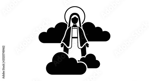 Quadro su tela Virgin Mary icon depicts the religious figure standing amidst stylized clouds in a minimalist black and white graphic design that is perfect for spiritual or commemorative projects