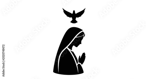 Tableau sur toile Virgin Mary praying with a dove above her head symbolizes peace, spirituality, and religious devotion in a classic monochromatic graphic style