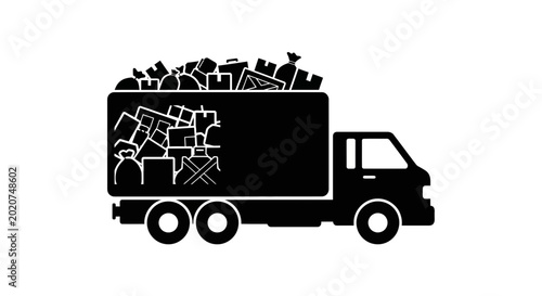 Tablou pe pânză Delivery truck silhouette packed with numerous cardboard boxes represents logistics and supply chain management services for modern businesses