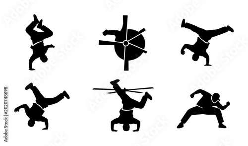 Vászonkép Breakdancing Silhouette Icons, B-boy Moves Vector Set, Dynamic Street Dance Pose