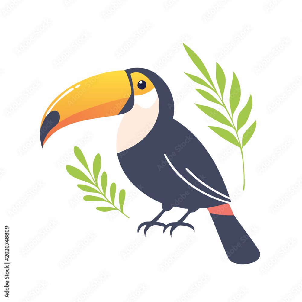 Fototapeta premium Stylized Toucan Bird with Tropical Leaves