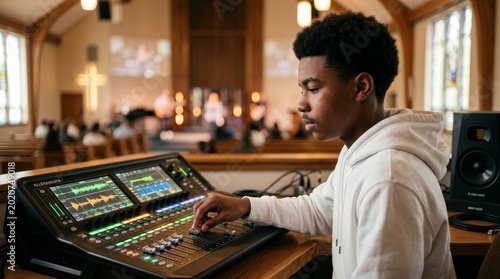 Focused young boy managing audio controls on a mixing console at a worship service.