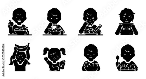 Fotografía Children Eating Food Icons, Healthy Mealtime Vector Graphics, Kids Nutrition Pic