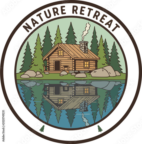 Foto Nature Retreat Cabin Logo with Pine Forest, Lake Reflection, and Rustic Mountain