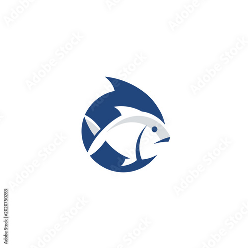 Minimalist fish logo design, blue and white, circular emblem