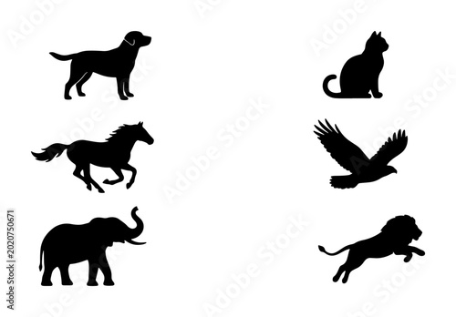 Photography Diverse Animal Silhouettes Collection: Dog, Cat, Horse, Eagle, Elephant, Lion Ve
