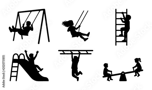 Photography Children's Playground Silhouettes: Swings, Slide, Climbing Wall, Monkey Bars, an