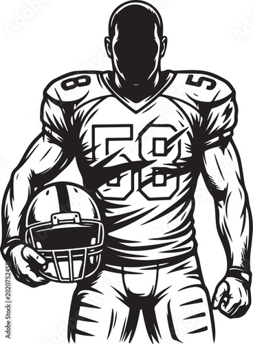 American football player, sports illustration, vector, black and white, athletic male, football equipment