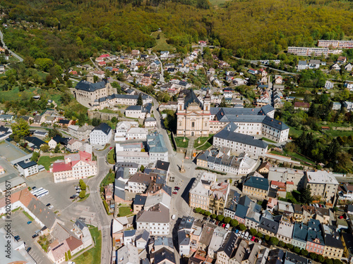 Scenic Aerial Perspective Of Traditional Spa Destination With Historic Buildings And Lush Hills