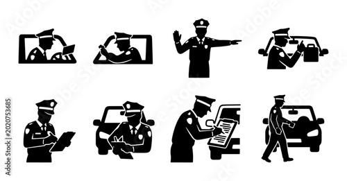 Photos Police Officer Icons Set: Traffic Control, Driving, Law Enforcement Actions, Veh