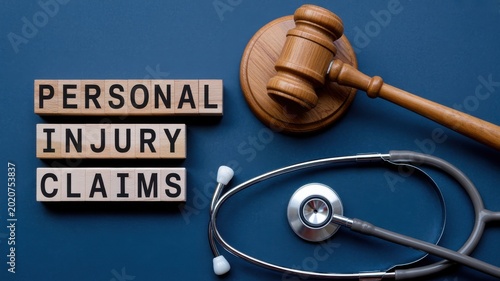 Personal injury claims concept with wooden blocks, judge gavel and stethoscope on dark blue background.