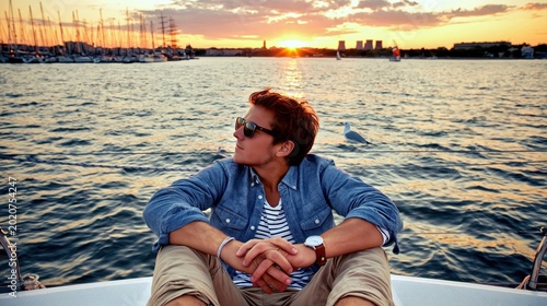 Young Professional Man Relaxing on Luxury Yacht at Sunset, Summer Sailing Vacation and Nautical Lifestyle Concept