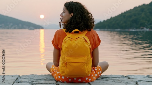Young Woman Backpacker Sitting on Pier Watching Sunset over Lake, Summer Vacation and Solo Travel Concept
