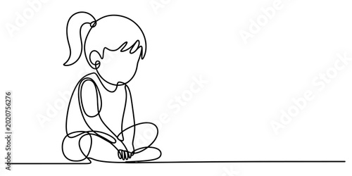 Tablou pe pânză Little girl sitting alone one line drawing isolated on white background, Vector
