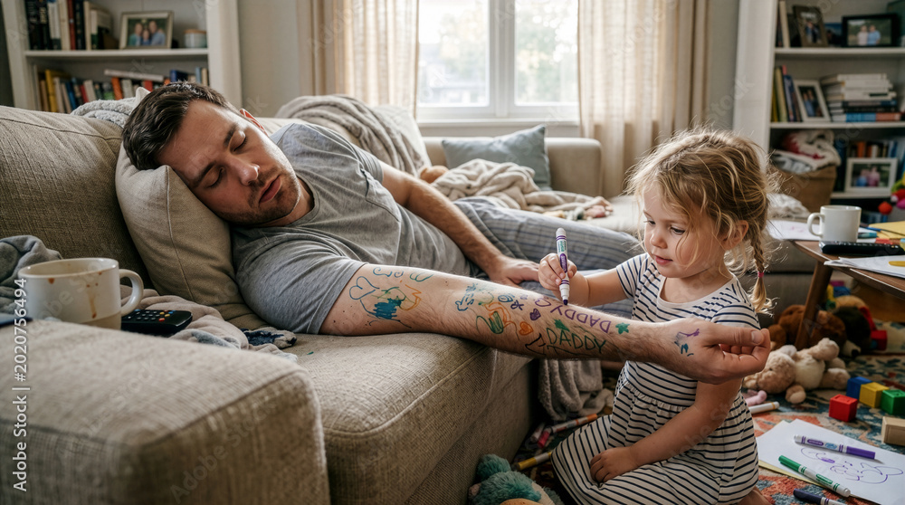 Obraz premium Heartwarming and humorous Father’s Day lifestyle image showing realistic parenting exhaustion and playful family bonding at home.