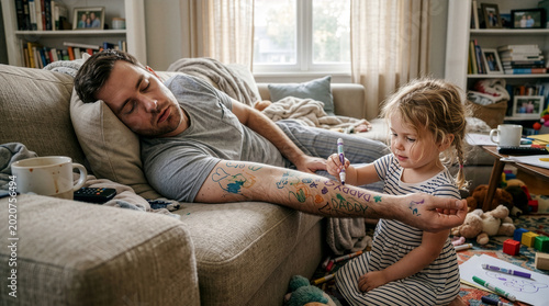 Heartwarming and humorous Father’s Day lifestyle image showing realistic parenting exhaustion and playful family bonding at home.
