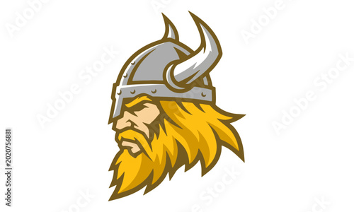 Viking warrior mascot head with horned helmet and long beard