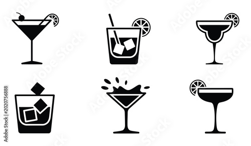 Konstfotografi Minimalist Cocktail Icon Set with Black and White Alcoholic Beverage Symbols, Si