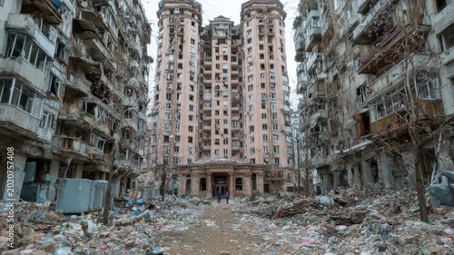 Ruined apartment buildings and streets filled with rubble and debris in a war-torn city