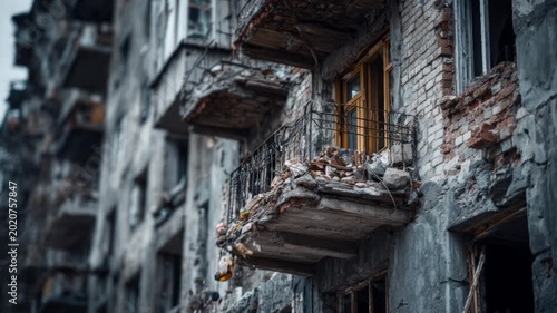 Destroyed apartment building showing the aftermath of a bombing, with rubble on the balcony