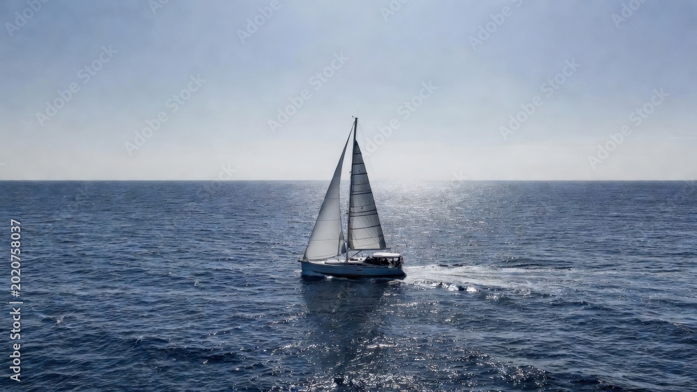 Fototapeta premium Sailboat cruising on calm open sea under bright sunlight