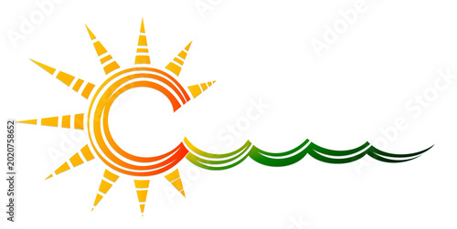 Stylized sun symbol with a blue wave.