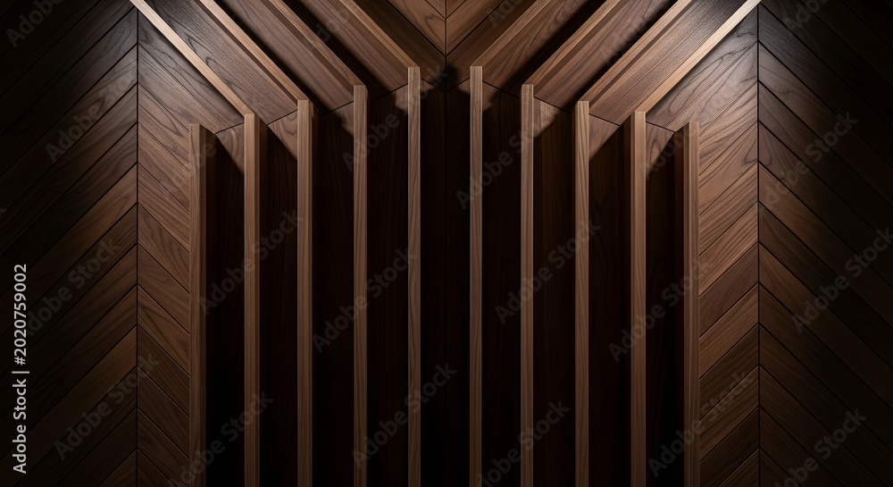 Fototapeta premium Dark wooden wall texture with vertical slats and chevron pattern