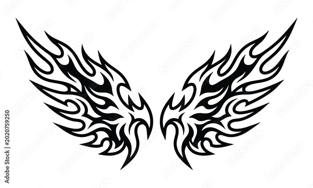 Obraz premium Tribal Wings Flame Silhouette Graphic Isolated on White